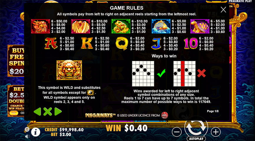 Der Auszahlungstabelle von 5 Lions Megaways