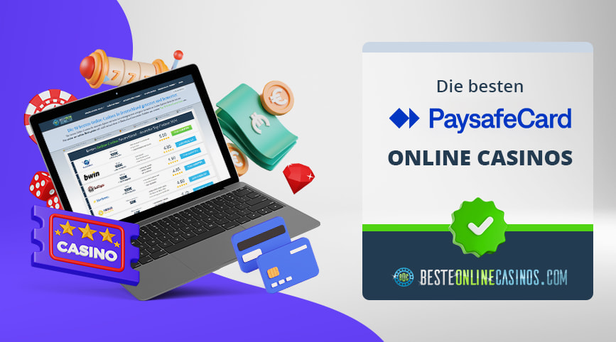 Casino Symbole und ein Laptop, daneben das paysafecard Logo.