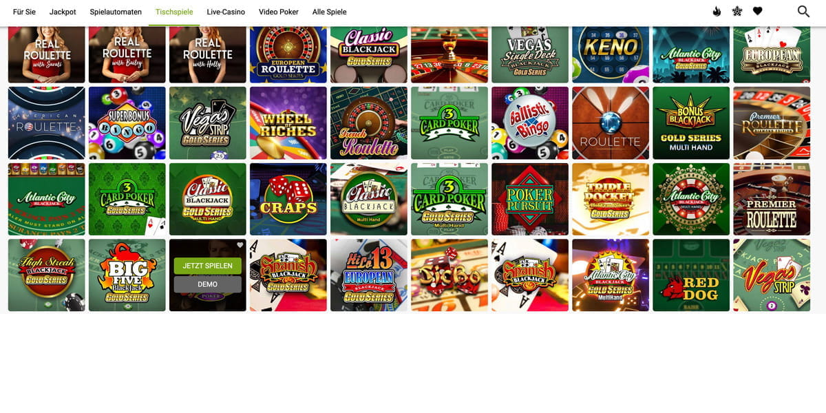 Wähle aus, aus Blackjack, Roulette und anderen Tischspielen