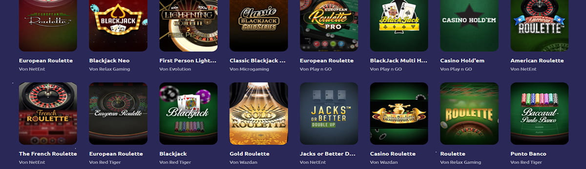 Die Auswahl der Tischspiele im SpinAway Casino.