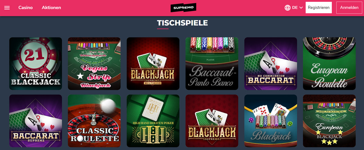 Zu den Tischspielen im Supremo gehören Blackjack, Roulette, Baccarat und Poker.