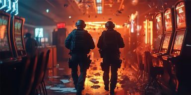 Polizeibeamte bei einer Razzia in einer illegalen Spielhalle in Saarbrücken.