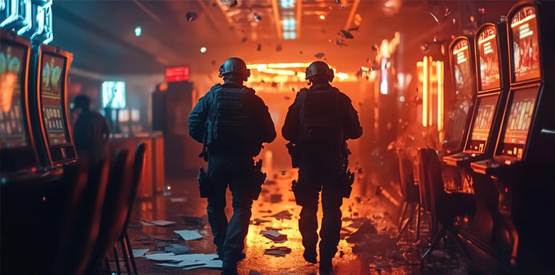 Polizeibeamte bei einer Razzia in einer illegalen Spielhalle in Saarbrücken.