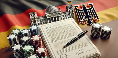 Das Bild eines Vertrags, mit typischen Glücksspiel-Symbolen darum.