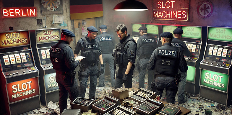 Polizisten bei der Razzia gegen illegale Spielautomaten in Berlin.