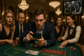 Ein angespannt wirkender Mann in einem eleganten blauen Anzug sitzt an einem Punto-Banco-Tisch in einem luxuriösen Casino in Zürich.