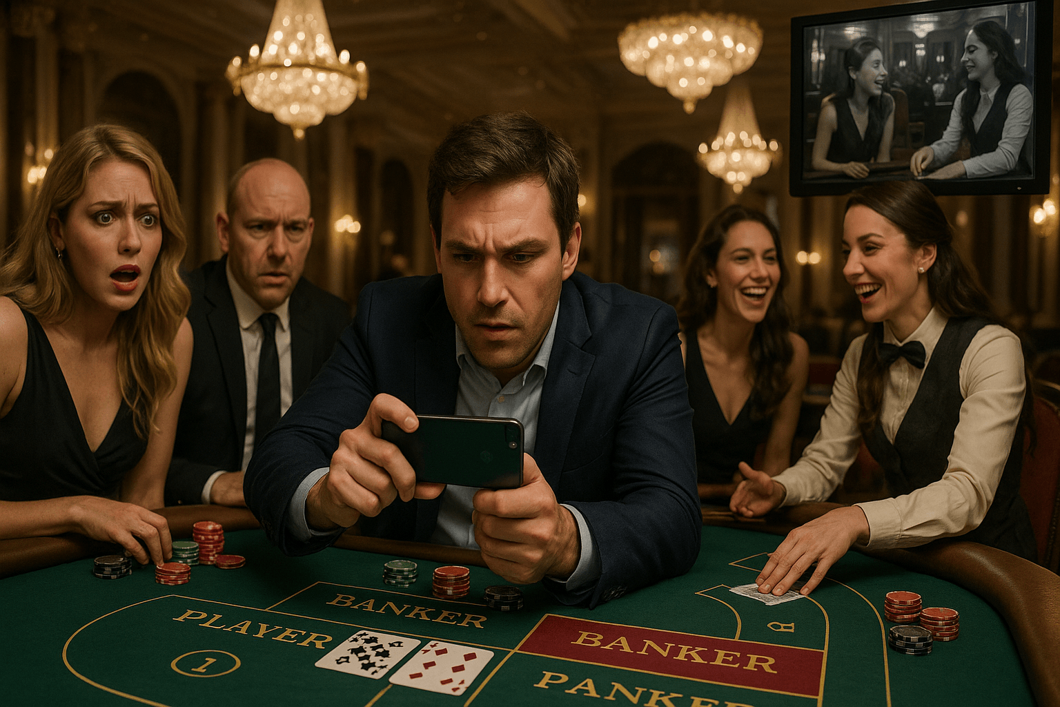 Ein angespannt wirkender Mann in einem eleganten blauen Anzug sitzt an einem Punto-Banco-Tisch in einem luxuriösen Casino in Zürich.