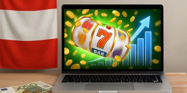 Österreichische Flagge mit Symbolen für Glücksspiel und steigenden Steuereinnahmen im Hintergrund.