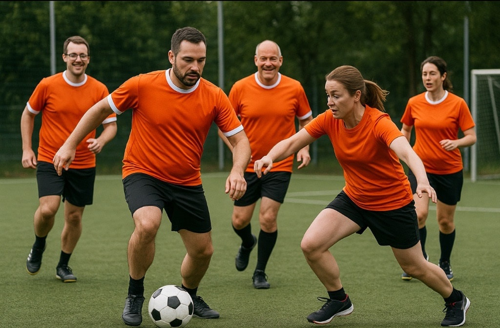 Eine Betreibssportgruppe, die sich auf dem Fußballplatz befindet und sich nach der Arbeit besser kennenlernen.