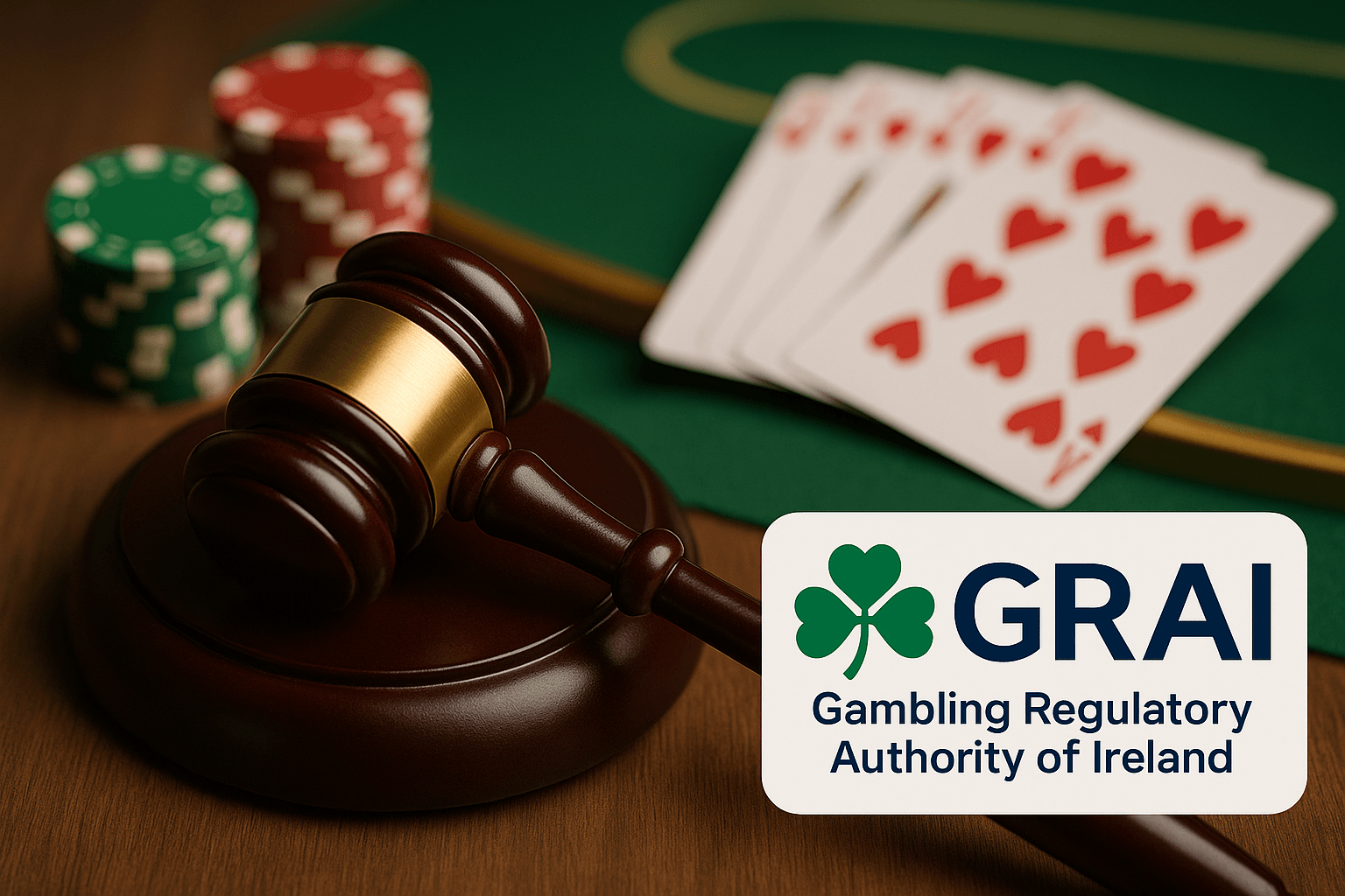 Ein Richterhammer liegt auf einem grünen Casino-Tisch neben Pokerchips und Spielkarten – Symbolbild für die Regulierung des Glücksspiels in Irland.